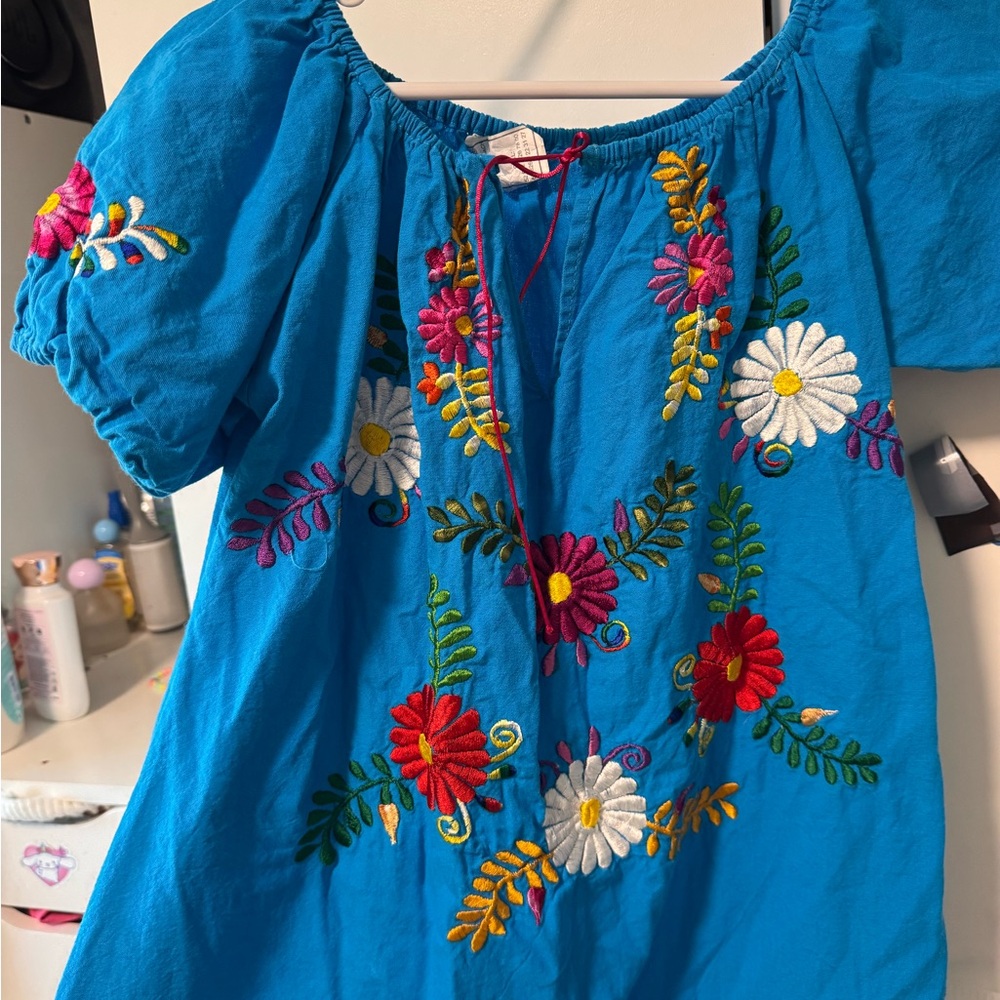 Embroidered Blue Peasant Blouse